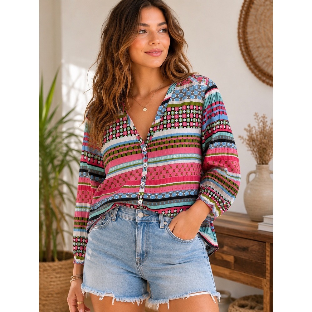 FOIL Anthropologie Multi Color Geometric Cotton Button Down Blouse Womens Size 8